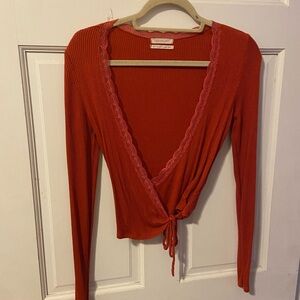 Urban outfitters lace trim long sleeve wrap top